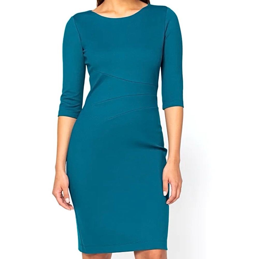 Nora Gardner Lydia Sheath Dress 10 Teal  Stretch Ponte Fitted 3/4 Sleeve Classic